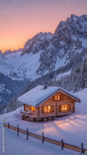 Small cabin in snowy mountains at sunset