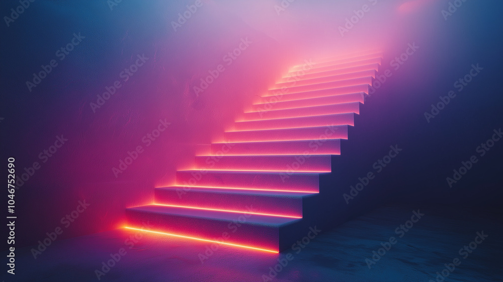 Neon pink lights illuminate a set of stairs in a dark, smoky room. Neon pink lights illuminate a set of stairs in a dark, smoky room.