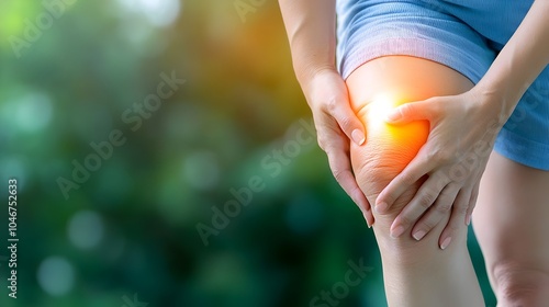 Closeup of a Woman Clutching Her Knee in Severe Pain Displaying Clear Signs of Osteoarthritis or Some form of Serious Injury  The Facial Expression Conveys Intense Agony and Distress photo