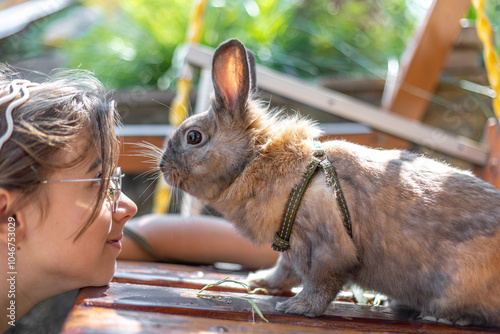 A girl plays with a domestic rabbit on the street. Pet concept. photo