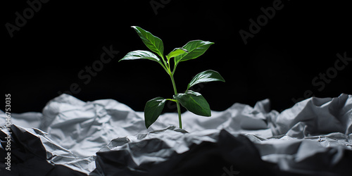 Green Seedling Emerging from Crumpled Paper in Dark Background photo