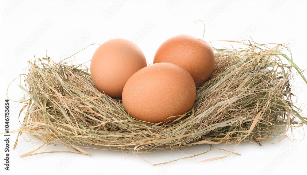 Fresh chicken eggs in dry grass isolated on white background. Natural farm product. Fresh chicken eggs in dry grass isolated on white background. Natural farm product.