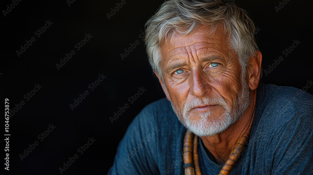 A thoughtful elderly man with blue eyes and gray hair sits indoors, wearing a casual shirt and a wooden necklace, reflecting on life A thoughtful elderly man with blue eyes and gray hair sits indoors, wearing a casual shirt and a wooden necklace, reflecting on life