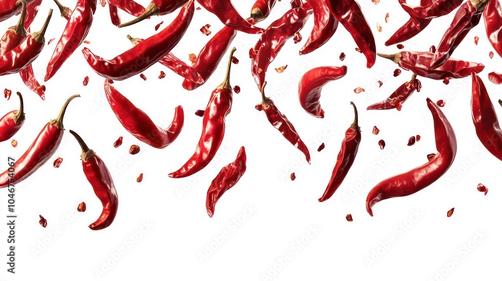 Red chili peppers falling against a white background. Red chili peppers falling against a white background.