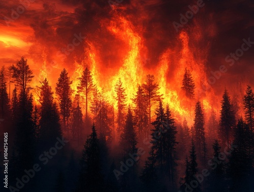 A forest engulfed in flames, the sky glowing red and orange, symbolizing uncontrollable anger and chaos.