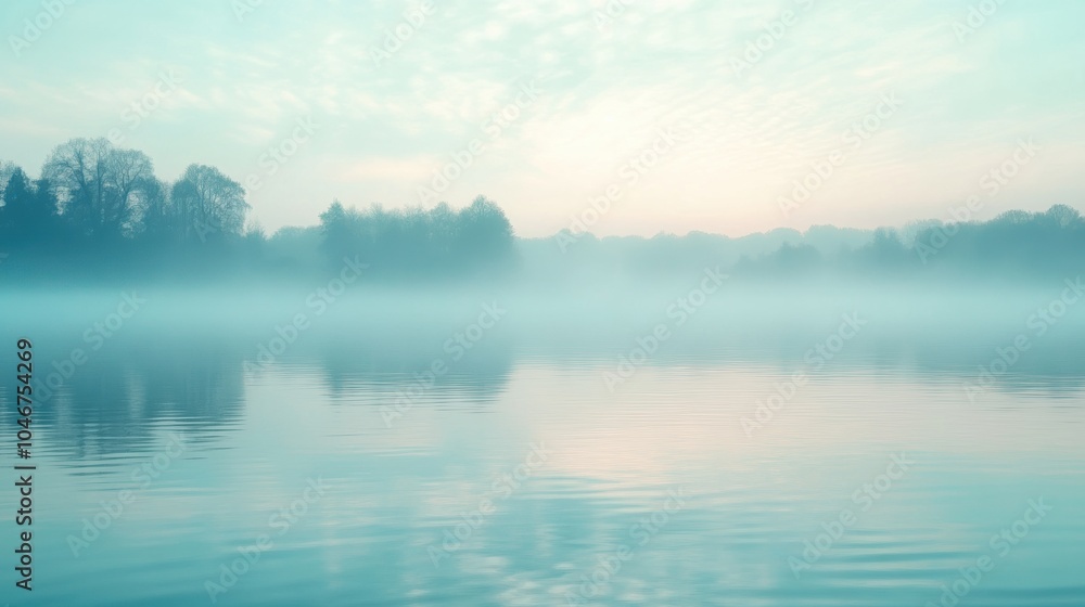 The calm surface of a lake reflects mist, creating a serene atmosphere as early morning light filters through trees. Generative AI The calm surface of a lake reflects mist, creating a serene atmosphere as early morning light filters through trees. Generative AI