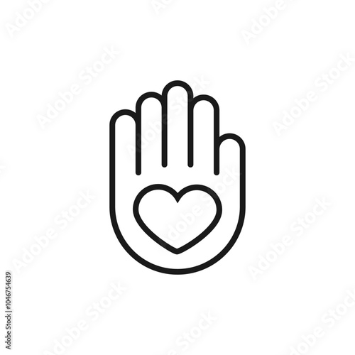 Heart icon inside a palm. The hand holds a heart in an open palm. Outline vector.