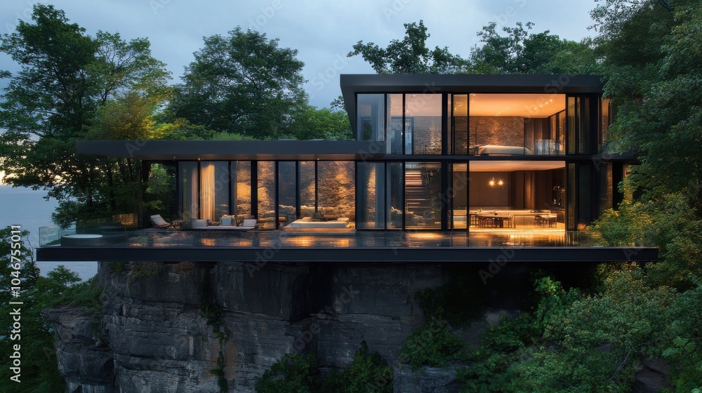 Contemporary cliffside mansion with glass walls. Contemporary cliffside mansion with glass walls.