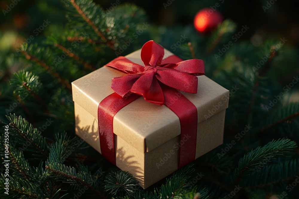 Gift box with red ribbon on green foliage Gift box with red ribbon on green foliage