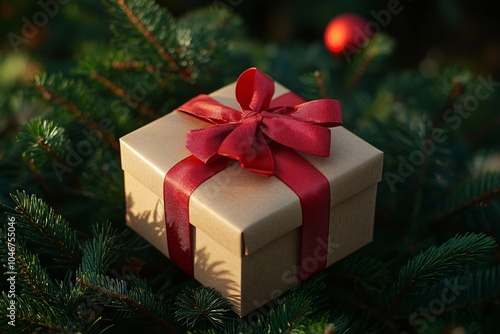 Gift box with red ribbon on green foliage