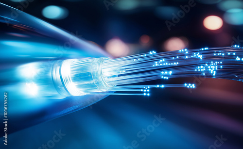 Close-up of fiber optic cables emitting blue light, representing fast data transmission and high-speed internet.