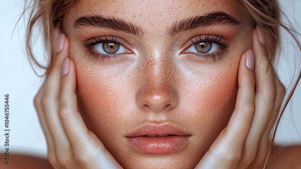 Freckled face framed by gently cupped hands, the woman gazes deeply into the camera, her natural beauty and flawless skin on full display Freckled face framed by gently cupped hands, the woman gazes deeply into the camera, her natural beauty and flawless skin on full display