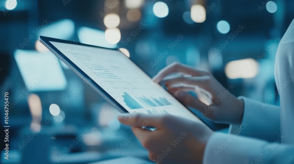 A person analyzing data on a tablet in a modern workspace. A person analyzing data on a tablet in a modern workspace.