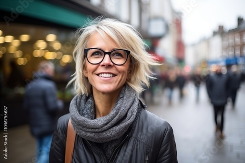 Portrait of a beautiful woman with glasses and a scarf on the street