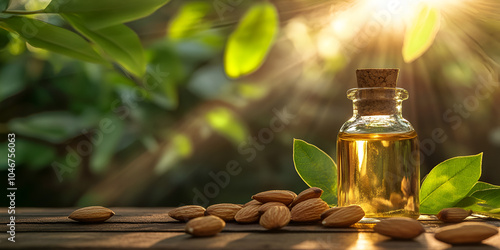 Glass Bottle of Almond Oil with Sunlight on Wooden Table photo