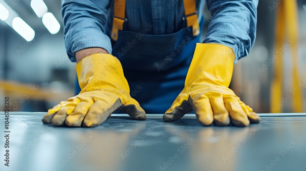 Fototapeta premium An aircraft technician is shown replacing a damaged wing panel on an aircraft using various tools and fasteners to complete the repair and maintenance process