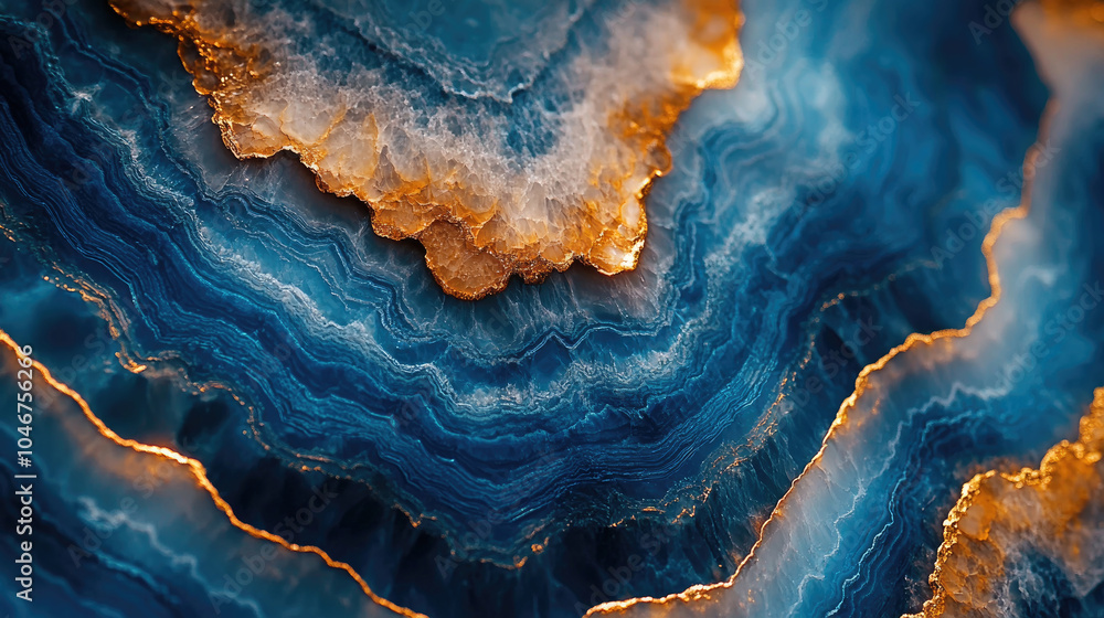 Obraz premium Intricate patterns of blue and gold agate reveal unique geological formations and textures, illustrating nature's beauty in stunning detail