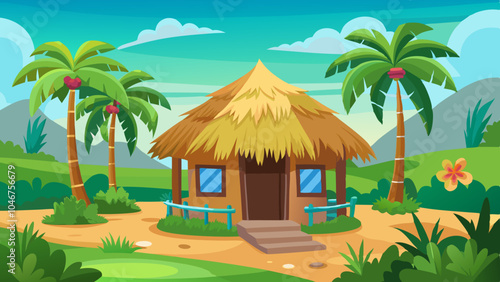 Thatched Grass Hut in a Tropical Village