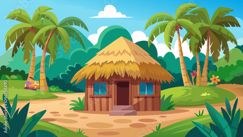 Thatched Grass Hut in a Tropical Village