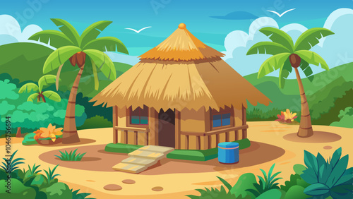 Thatched Grass Hut in a Tropical Village