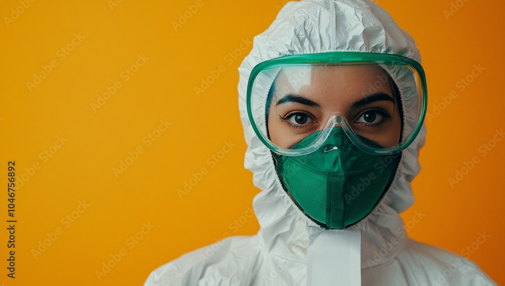 Health worker in protective gear against orange background during pandemic response efforts for safety and contamination prevention Health worker in protective gear against orange background during pandemic response efforts for safety and contamination prevention