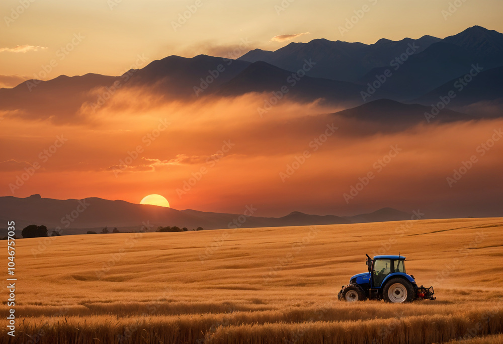 A blue tractor harvests golden wheat in a vast field as the sun sets behind distant mountains. The sky is ablaze with orange and red hues, creating a dramatic and idyllic scene. A blue tractor harvests golden wheat in a vast field as the sun sets behind distant mountains. The sky is ablaze with orange and red hues, creating a dramatic and idyllic scene.