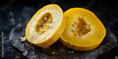 Fresh Sliced Yellow Squash on Wooden Cutting Board photo