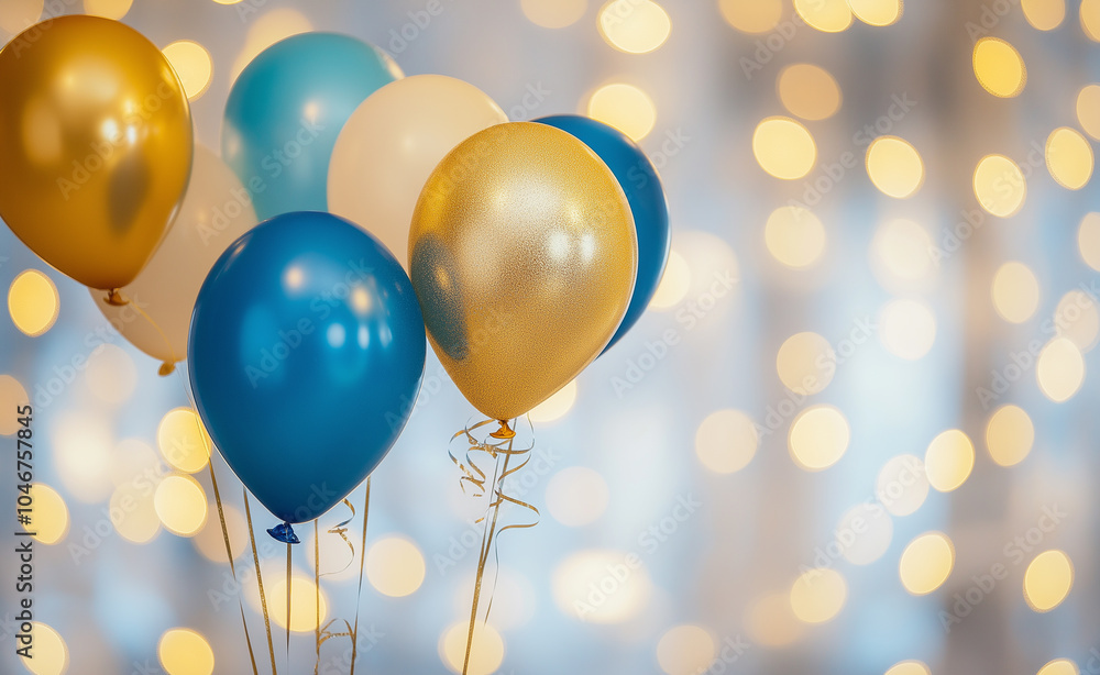 Blue and gold balloons floating against a bokeh background of warm lights, creating a celebratory mood. Blue and gold balloons floating against a bokeh background of warm lights, creating a celebratory mood.