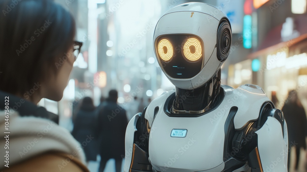 A futuristic robot with human-like features, powered by advanced AI, interacting with a person in a modern city setting. A futuristic robot with human-like features, powered by advanced AI, interacting with a person in a modern city setting.