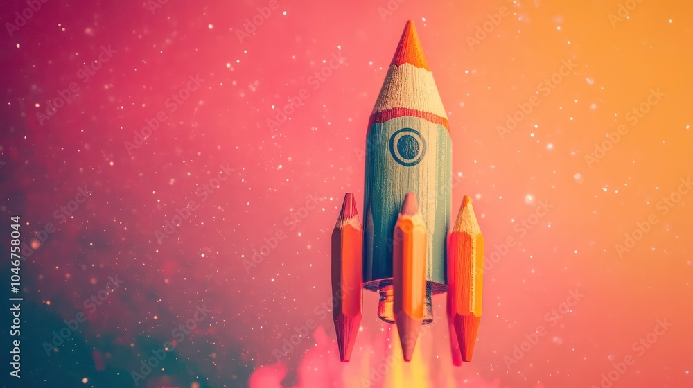 A pencil rocket ship blasts off into a pink and orange starry sky. A pencil rocket ship blasts off into a pink and orange starry sky.
