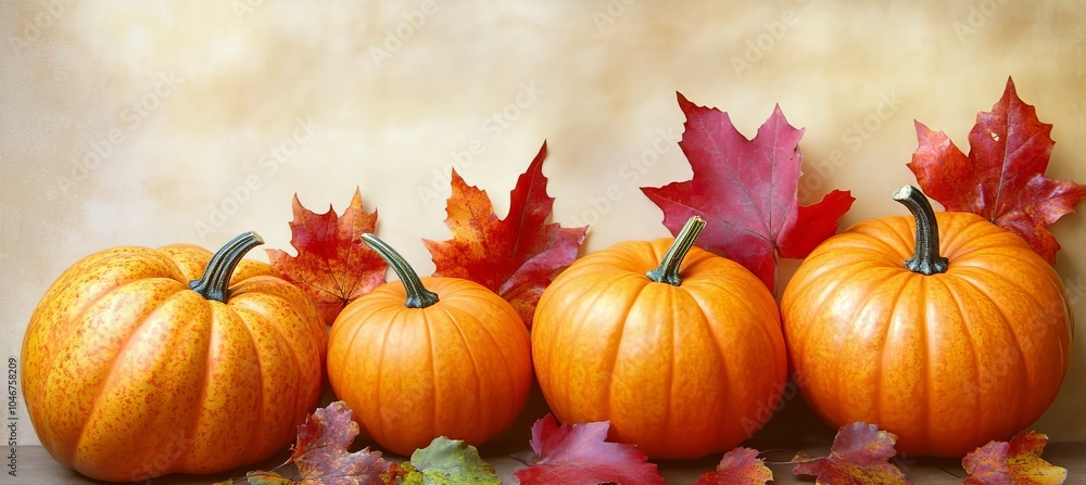 Four Vibrant Pumpkins With Colorful Autumn Maple Leaves On A Cream Textured Background Four Vibrant Pumpkins With Colorful Autumn Maple Leaves On A Cream Textured Background