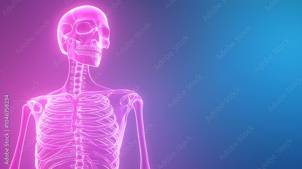 Translucent Skeleton with Neon Wireframe in Deep Space - Anatomically Accurate Artistic Glow for Sci-Fi and Medical Illustrations