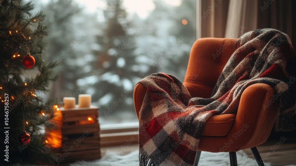 Cozy chair with a plaid blanket Cozy chair with a plaid blanket