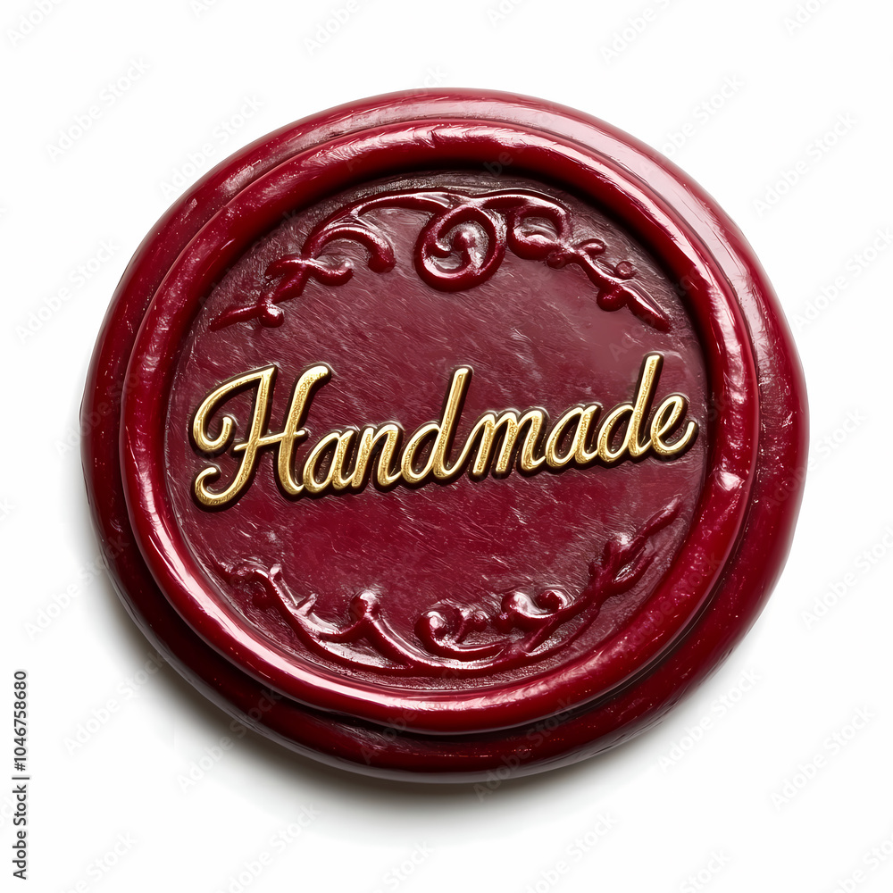 Red wax seal stamp with Handmade text, elegant and decorative design Red wax seal stamp with Handmade text, elegant and decorative design