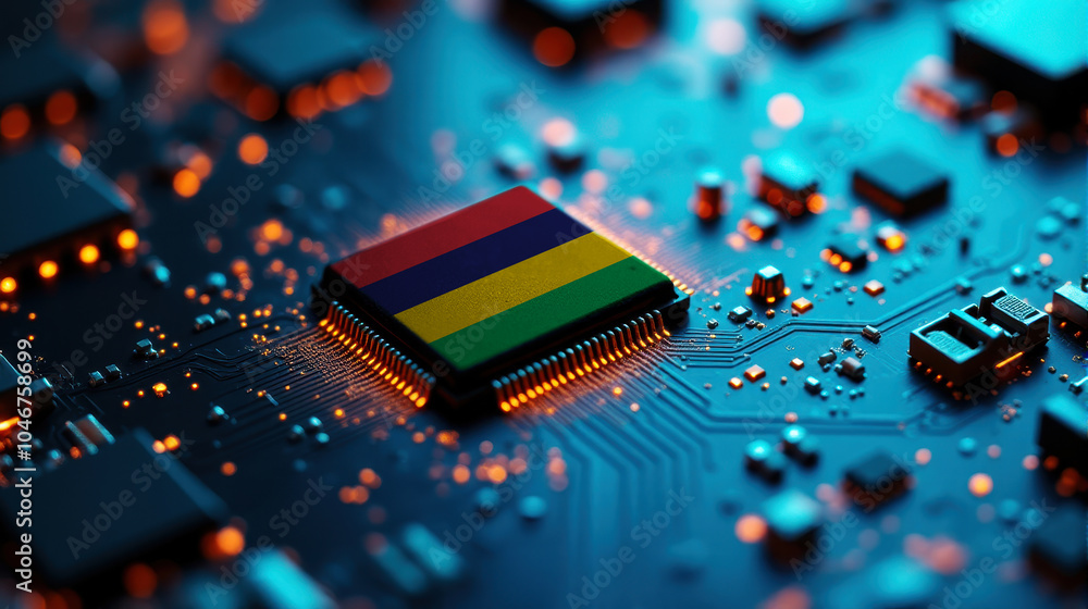 A Mauritius themed chip is placed on a detailed circuit board, with glowing connections that emphasize influence in electronics, computing, and tech innovation. A Mauritius themed chip is placed on a detailed circuit board, with glowing connections that emphasize influence in electronics, computing, and tech innovation.