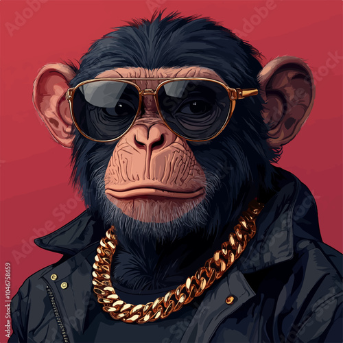 A trendy cartoon illustration of a chimpanzee wearing dark sunglasses, a gold chain necklace, and a black leather jacket, set against a red background, portraying a cool and urban style