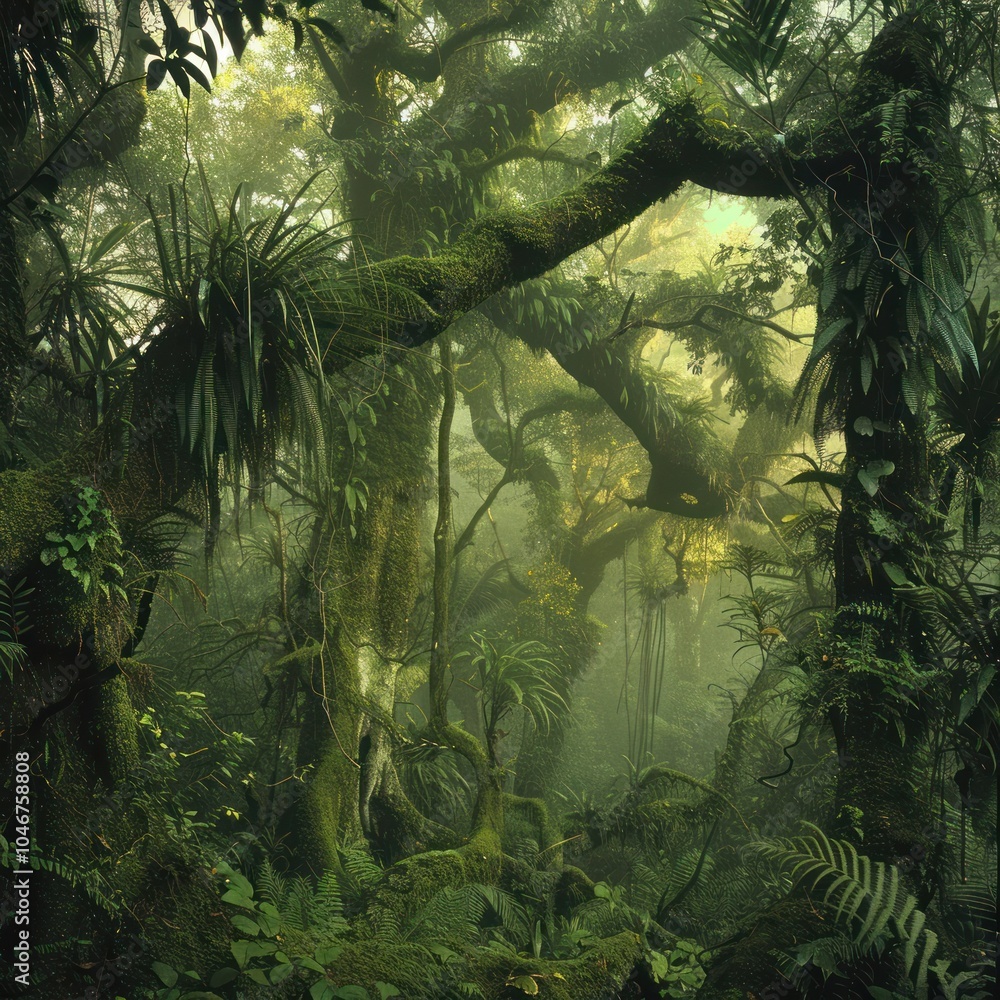 Fototapeta premium a vegetation, a dense forest with large trees and sunlight coming in through the gaps in the trees