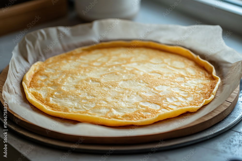Thin homemade pancake on a sheet of parchment paper.. Generated by artificial intelligence Thin homemade pancake on a sheet of parchment paper.. Generated by artificial intelligence