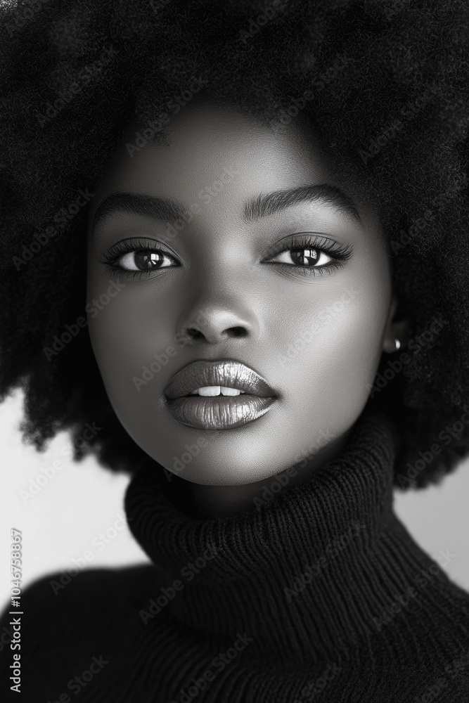 A young woman with natural curls gracefully poses while wearing a high-neck sweater, highlighting her captivating eyes and radiant complexion A young woman with natural curls gracefully poses while wearing a high-neck sweater, highlighting her captivating eyes and radiant complexion