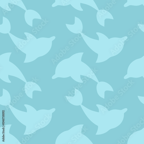 Dolphin emerges from water. Reflection. Greenish sea mammal. Endless vector pattern. Repeating ornament of sea mammals. Isolated marine background. Flat style. Ocean inhabitant with fins and tail. 