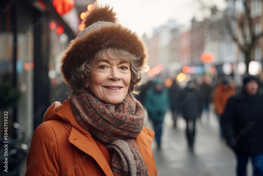 Portrait of smiling senior woman in coat and hat on the street Portrait of smiling senior woman in coat and hat on the street