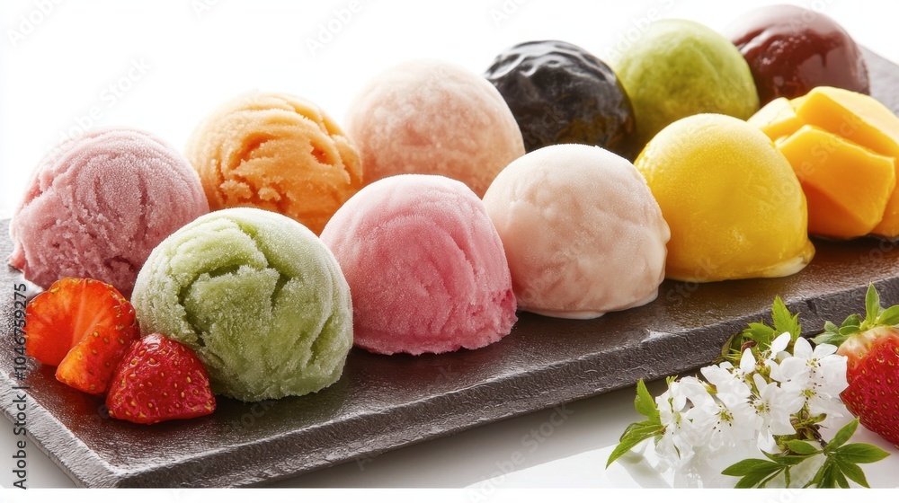 Colorful Ice Cream Scoops on a Slate Serving Board Colorful Ice Cream Scoops on a Slate Serving Board