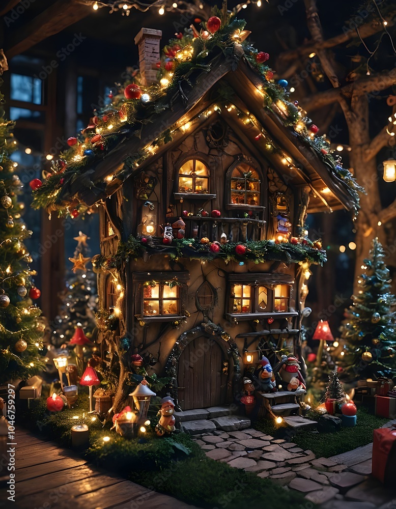 Fairy house full of Christmas decoration at night Background Fairy house full of Christmas decoration at night Background