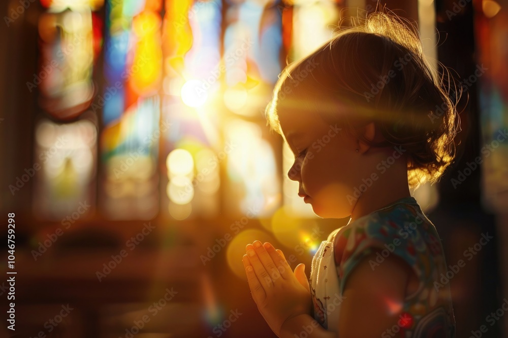 Obraz premium A young child bowing their head in prayer, surrounded by the warm glow of sunlight 