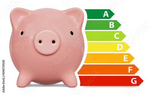 Piggy bank with energy efficiency classes, European Union energy label. Isolated on transparent background