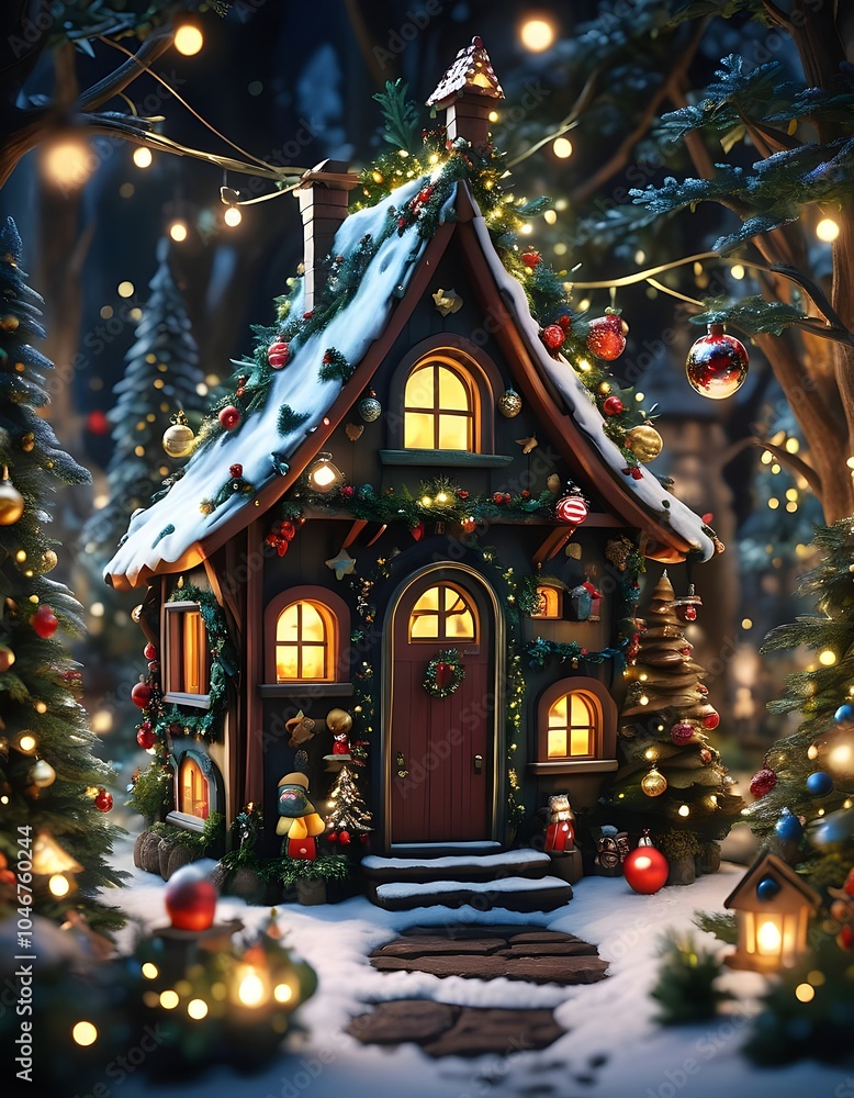 Fototapeta premium Fairy house full of Christmas decoration at night Background 
