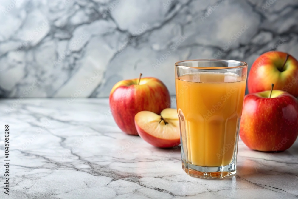 Fototapeta premium Glass of freshly squeezed apple juice on a marble countertop, juice, glass