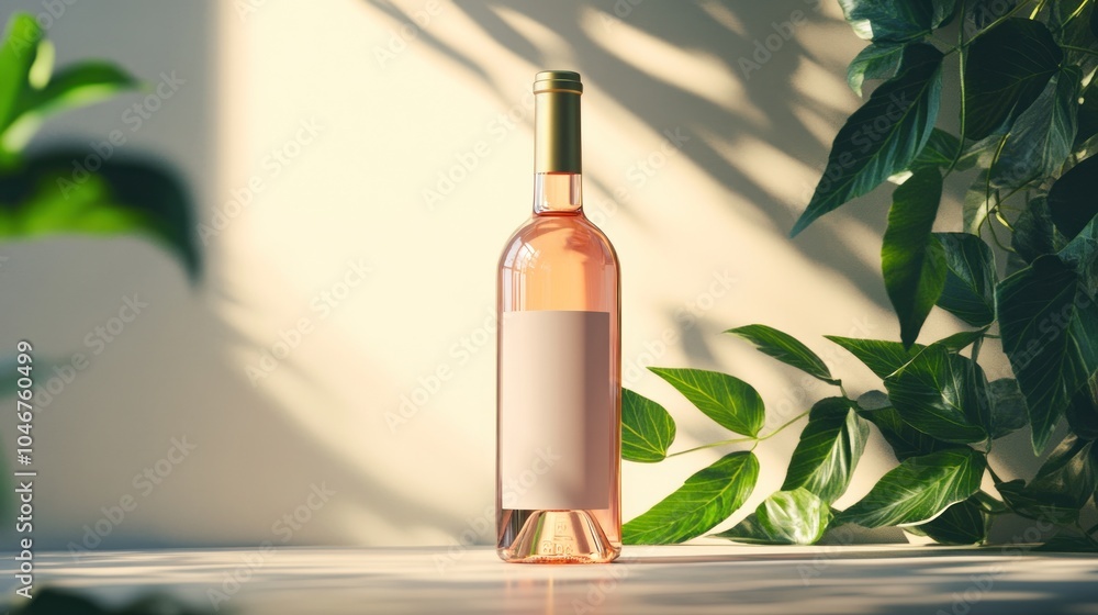 A bottle of ros? wine surrounded by green leaves and soft lighting. A bottle of ros? wine surrounded by green leaves and soft lighting.