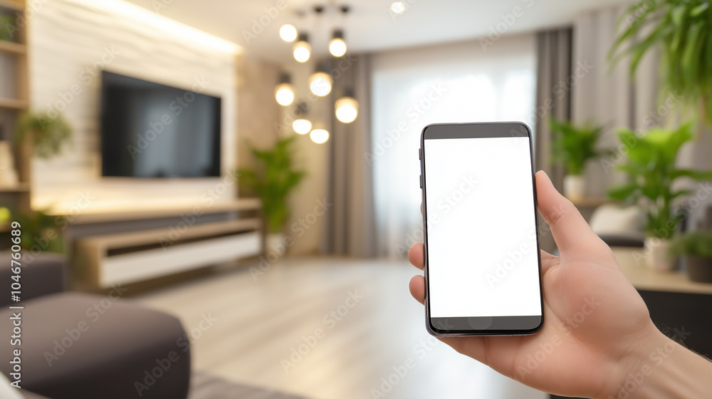 Person holding a smartphone with a blank screen in a cozy, softly lit living room. Person holding a smartphone with a blank screen in a cozy, softly lit living room.