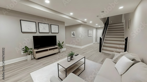 Modern Basement Interior with Light Gray Walls